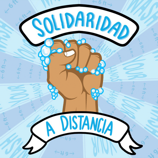 Image of a fist surrounded by soap bubbles with the words "Soliradidad" above it. "Solidarity"